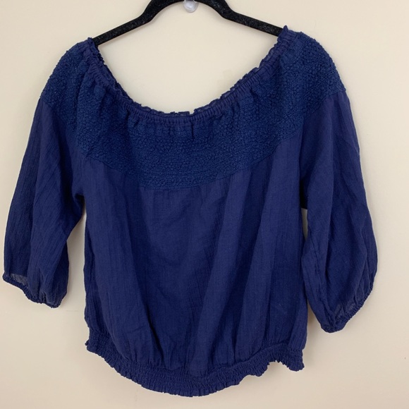 Aerie smocked off the shoulder navy semi-crop top - Picture 5 of 8